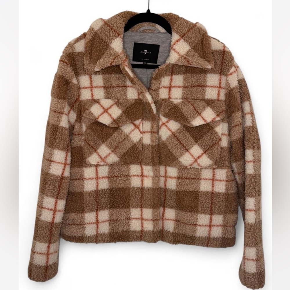 7 For All Mankind XS Brown & Cream Plaid Sherpa Teddy Jacket - Los Angeles
